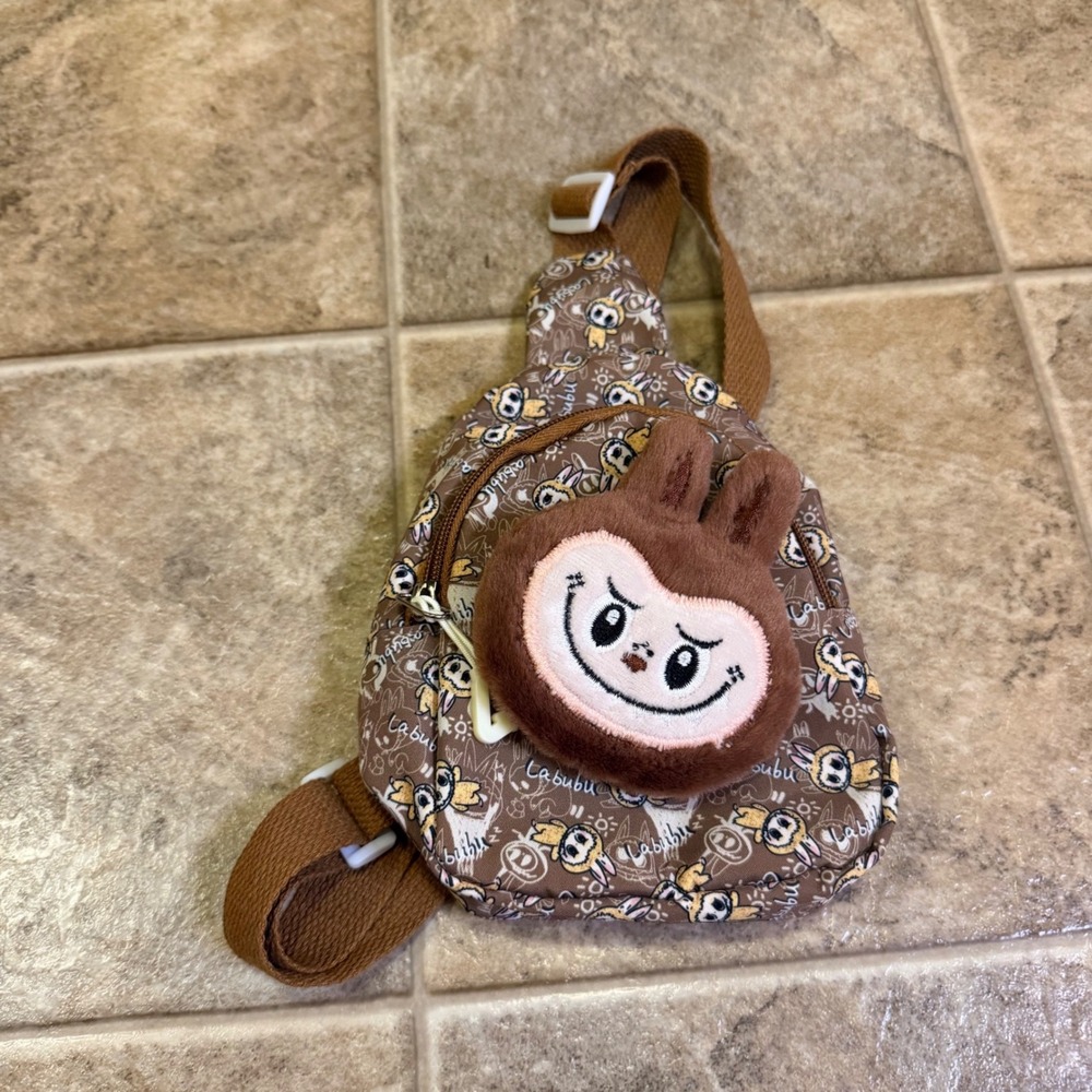 Labubu Pop Mart Character Print Brown Mini Sling Bag with 3D Plush Face Detail